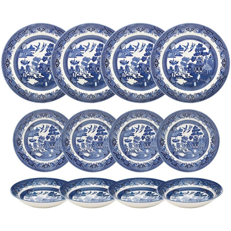 Churchill Blue Willow Dinner Plates, Salad Plates And Coupe Bowls 12